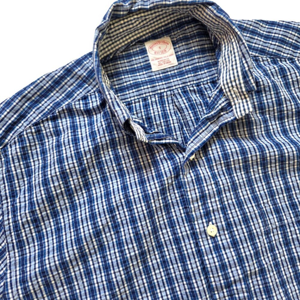 Brooks Brothers Original Polo Shirt Button Up Mens Small Blue Plaid Short Sleeve
